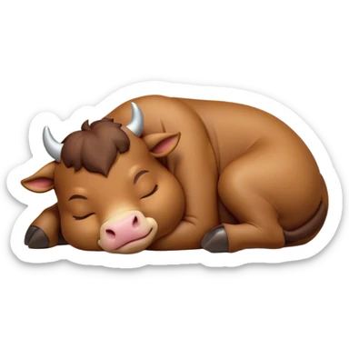 Meme-Worthy Cute Sleeping Brown Bull Portrait Emoji, Head resting peacefully with a contented smile, showcasing a robust, massive build and a luxuriously soft rich brown hide, eyes shut in a serene, restful nap, Simplified yet hilariously adorable features, highly detailed, glowing with a soft, drowsy light, high shine, relaxed and utterly lovable, stylized with an air of playful laziness, bright and heartwarming, soft glowing outline, capturing the essence of a comically sleepy guardian, so meme-worthy it feels like it could instantly become the next viral sensation of adorable slumber! sticker