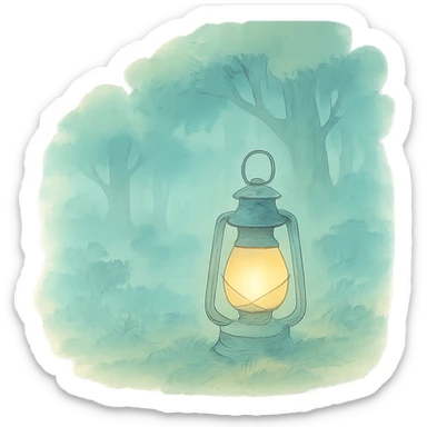 lantern glowing softly in the misty woods, calm and dreamy feel, soft pastel colors, ghibli style sticker
