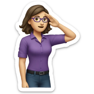 a caucasian brunette female, wearing a purple shirt and glasses, making the military salute gesture with her hand next to her head sticker