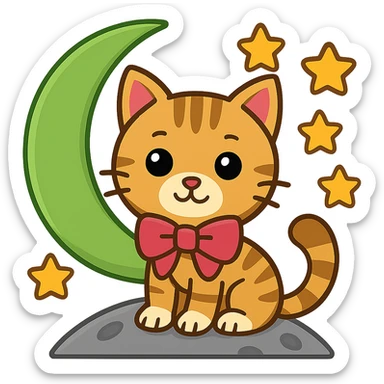 Add small yellow stars around the green moon, keep the tabby cat with pink bow, in emoji style with no background. sticker