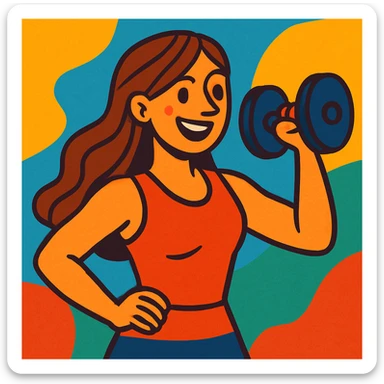 woman with long brown hair lifting a weight, vibrant illustration style sticker