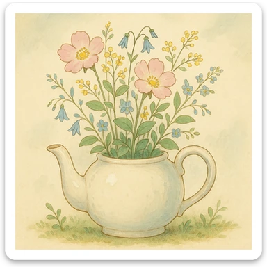 teapot with flowers growing out of it in ghibli style, charming, delicate, natural elements sticker