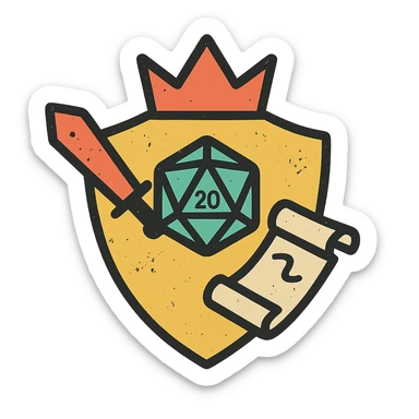minimalist icon of a stylized shield or crown as an admin symbol with subtle DnD/RPG touches like dice, sword, or scroll, very worn and distressed effect sticker