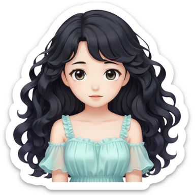 Pretty anime girl with flowing black wavy hair and a soft delicate pastel dress, kawaii style sticker