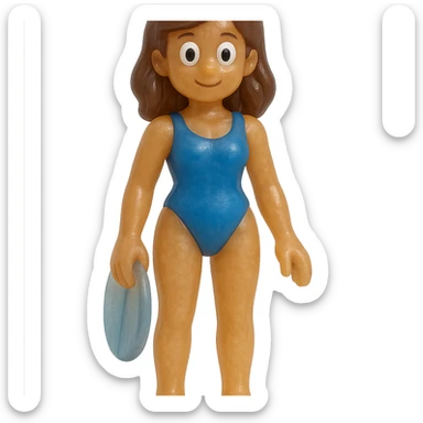 Edit the beach girl figure to have a blue swimsuit instead of pink. Maintain the style of a full-body, retro 90's toy with very transparent and slightly see-through appearance, natural tan skin, brown hair, blue swimsuit, large white eyeballs with small black pupils, soft plastic texture, soft reflections, soft and squishy feel, some cloudiness, not shiny, highly detailed and appealing. No tag and no background. sticker