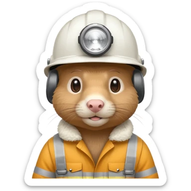 a mole rat, white helmet, headlamp, worker cloth sticker