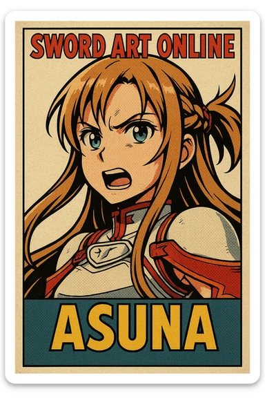 Sticker of Asuna from Sword Art Online in classic comic book style with a determined expression, inspired by the reference image. sticker