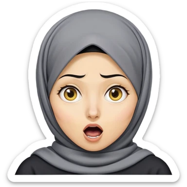 người phụ nữ 30 tuổi, da vàng, đội khăn hijab, tóc ngắn màu đen, mặt biểu cảm ngạc nhiên, mồm mở rộng hình chữ O, áo màu xám đậm sticker