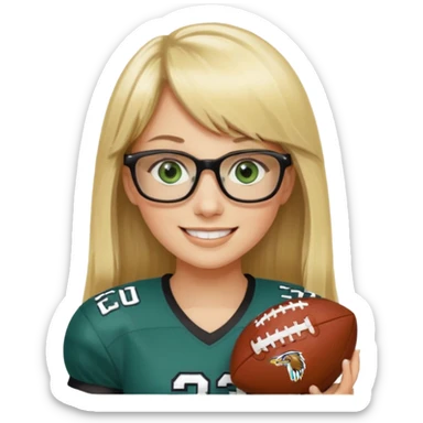 long blonde hair with bangs small black rectangle glasses female green eyes football player wearing eagles jersey number 33 holding football sticker