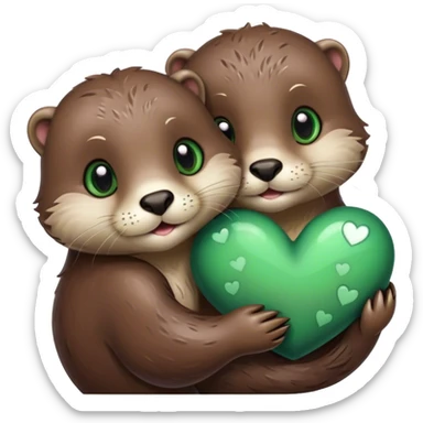 Otter with green eyes and an otter with brown eyes hugging with a heart  sticker