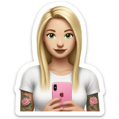 Realistic White girl with Long straight blonde hair, green eyes, tattoos, full body wearing white crop top, holding pink iphone sticker