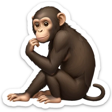 cinematic- cute friendly chimpanzee-realistic-full-body-sitting relaxed, side view -emoji,-lean-and-agile-frame-relaxed-on-the-ground,-long-arms-resting-lightly,-head-tilted-curiously,-coarse-dark-brown-fur,-expressive-deep-set-eyes,-simplified-yet-realistic sticker
