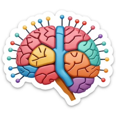 Stylized brain illustration with YouTube logo elements integrated, neural network nodes forming play button shape, digital art style, vibrant color palette, professional icon design, square format sticker