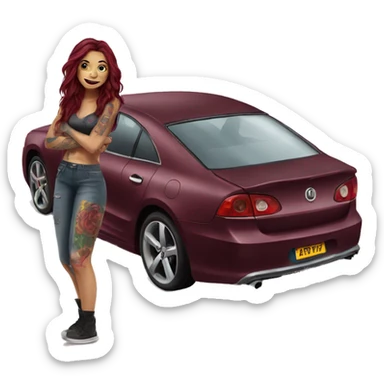 Beautiful tattooed burgundy long haired woman washing a car sticker