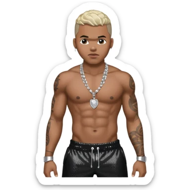 Chris Brown with black sequin baggy pants, shirtless with necklace sticker