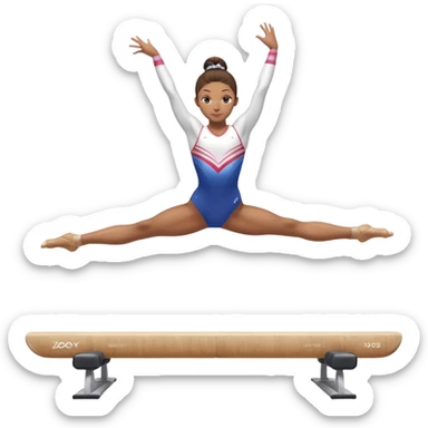 A gymnast performing a flawless routine on the balance beam, showcasing strength and grace. The scene captures the precise, elegant movement with perfect balance and form. The background features a gymnastics arena with vibrant lighting and cheering crowds, emphasizing athleticism and poise. sticker