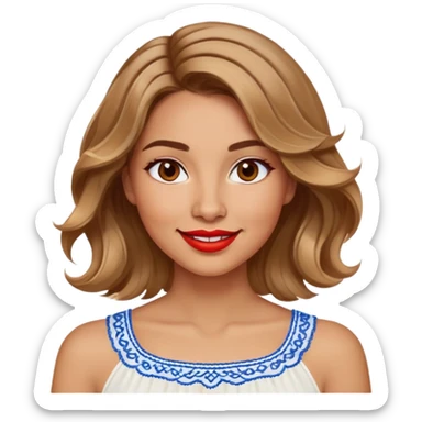 Enthusiastic woman with healthy glowing skin, round cheeks, warm smile, expressive light brown eyes, red lipstick, wavy dark blonde shoulder-length hair with highlights, summery white top with blue embroidery and electric blue neckline sticker