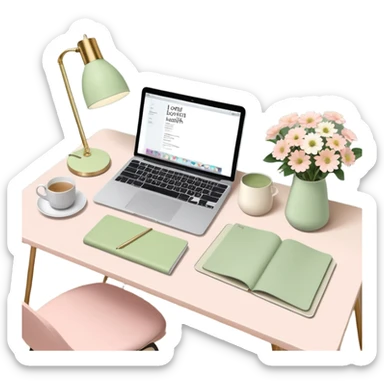 seeing a working from home desk from above with a macbook computer, fashion/interior magazines, flowers in a little vase, louis poulsen portable lamp with a dimmed cozy light and a iced matcha. very girly aesthetic sticker