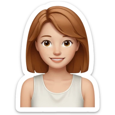 emoji of a woman named Freya McOmish, smiling, light brown hair, subtle freckles, modern casual style, wearing a white sleeveless top sticker