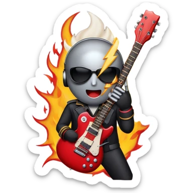 Create a bold and dynamic emoji representing rock vocal performance in a humanless collage. The design should feature a vintage microphone at the center, surrounded by key rock elements like an electric guitar, drumsticks, and a guitar pick. Include symbols of energy, such as lightning bolts or flames, and subtle musical notes or sound waves to evoke the raw power of rock vocals. Use dark, bold colors like black, silver, and red, with hints of chrome or metallic accents to convey the edgy, rebellious spirit of rock music. The background should be transparent. sticker