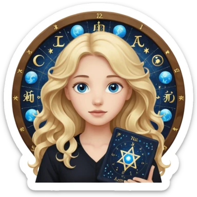 A long wavy haired blonde girl with blue eyes, wearing black, holding astrology natal chart. sticker