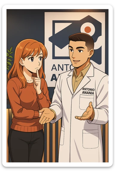 su questo stile fai un manga/webtoon a colori in cui una donna SI TOCCA IL MENTO CON L'INDICE MENTRE ASCOLTA PENSIEROSA L'UOMO, l'uomo della foto in stile manga LE SPIEGA CHE DEVE PROVARE LA SUA VALUTAZIONE MEDICA, mantieni un ambiente simile alla foto che ho allegato con il suo logo (sarebbe il suo studio, lui è un kinesiologo), scrivigli "ANTONIO ANANIA" sul camice bianco, non mettere fumetti, ma fai in modo che sembri che la donna ASCOLTI l'uomo sticker