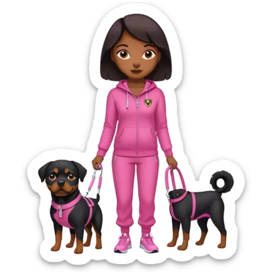 Rottweiler on leash by African American woman in all pink track suit sticker