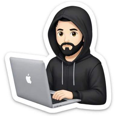 hackeur blanc cheveux noir barbe et capuche noir avec un macbook sticker