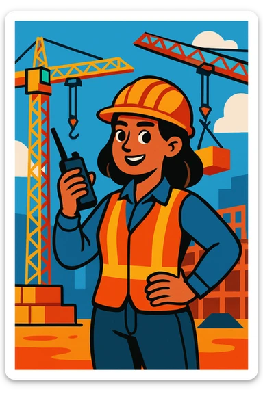 construction project manager woman with helmet walkie-talkie standing in front of cranes vibrant toon style sticker