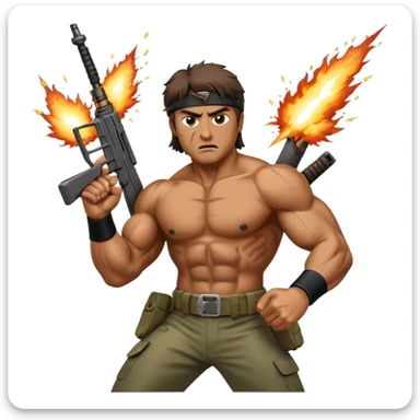 Icon for Action Movies: Rambo in the lead role, in an intense action pose with weapons, explosions, and dramatic background. The design should evoke the classic action movie feel with muscle-bound heroes and high-energy sequences. Transparent background. sticker