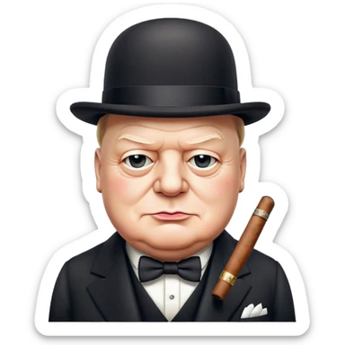 Cinematic Realistic Winston Churchill Portrait Emoji, depicted as a resolute British statesman with a signature bowler hat and a cigar, exuding determined leadership and wartime valor, rendered with lifelike textures and dramatic vintage lighting that captures his iconic British spirit. sticker