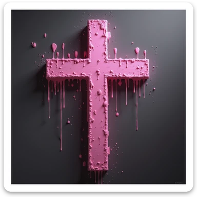 realistic gothic cross, pink with dripping paint effect, photorealistic style, no background sticker