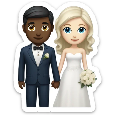 Wedding couple, groom fair skin with dark brown hair and dark brown eyes, bright with white skin blonde hair and blue eyes and dark blue suit sticker