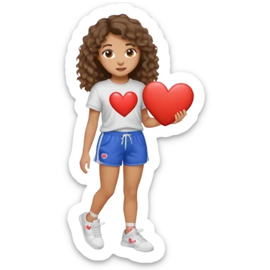 A girl with wavy but slightly curly hair wearing sweatshorts and a shirt and cute sneakers and their skin color is tan but not so tan with slightly long lashes holding a heart and the heart says “i 🤍 you” sticker