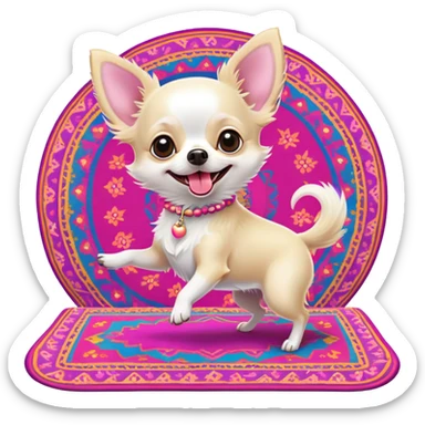 Wonderful white hairy chihuahua with pale pink tongue out, dancing on a colourful flying carpet sticker
