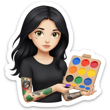 A girl with long black hair  light complexion and hazel eyes and black tattoos on right arm holding a paint palette  wearing black shirt sticker