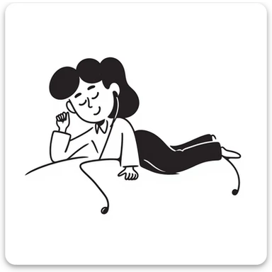 girl lying on bed comfortably listening to music with wired earphones sticker