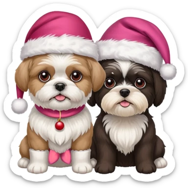 two dogs one little white all over shih tzu dog with pink santa hat and one mostly white with black havanese dog wearing a red santa hat sticker