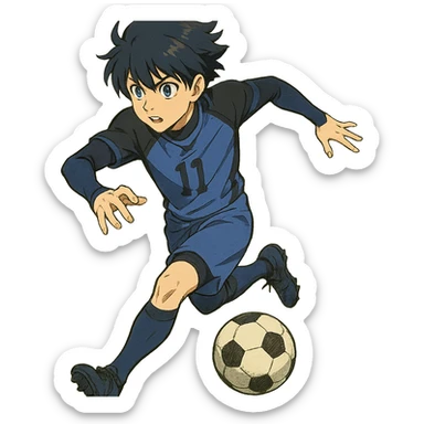 anime soccer player inspired by Blue Lock, dynamic pose, blue and black uniform sticker