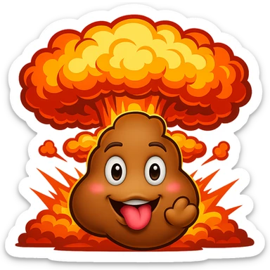 Add a dramatic poop nuke explosion behind the smiling poop blowing a kiss, fun and silly, no background. sticker
