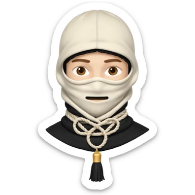 Ultra-detailed studio shot of a post-apocalyptic off-white balaclava — deconstructed, frayed, layered, with braided rope tassels and subtle embroidery. Minimalist white background, soft lighting, sharp focus. High-fashion streetwear aesthetic. sticker