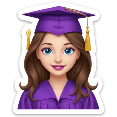 girl with long wavy brown hair, blue eyes, long lashes makeup, sexy pink lips, wearing a purple graduation cap and gown sticker