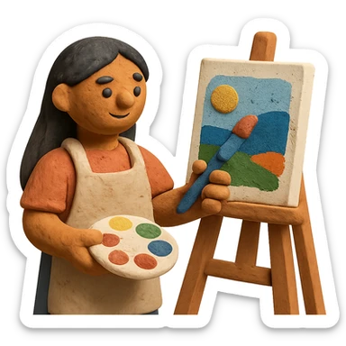 tanned woman artist with long black hair, wearing an apron, painting at an easel, holding a palette and brush, claymation style sticker