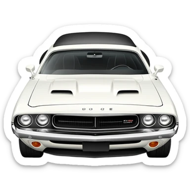 Refined white 1971 Dodge Challenger with exact proportions, perfect three-quarter 30-degree angle view, detailed front end with visible headlights and grille, pure white color, iOS emoji style sticker