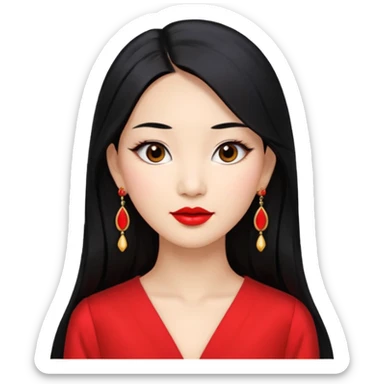 30 yr old asian woman, center part straight long black hair, very pretty, fancy dress, earings, red lipstick sticker