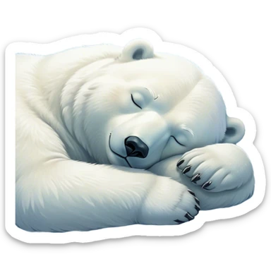 Meme-Worthy cute Sleeping Polar Bear Portrait Emoji, Head resting peacefully with a contented smile, showcasing a luxuriously soft snowy coat and eyes closed in serene slumber, Simplified yet hilariously adorable features, highly detailed, glowing with a soft, drowsy polar light, high shine, relaxed and utterly lovable, stylized with an air of playful laziness, bright and heartwarming, soft glowing outline, capturing the essence of a sleeping polar guardian that feels destined to become the next viral sensation of adorable rest! sticker