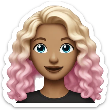 White-skinned adult woman, smiling, glitter pink makeup on her face, blue eyes, long brown-to-blonde ombre wavy hair, ring earrings, black T-shirt. sticker