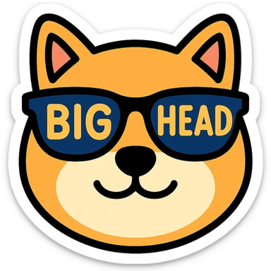 close-up of a Shiba Inu face wearing sunglasses with the text 'BIG HEAD' inside the sunglasses lenses sticker