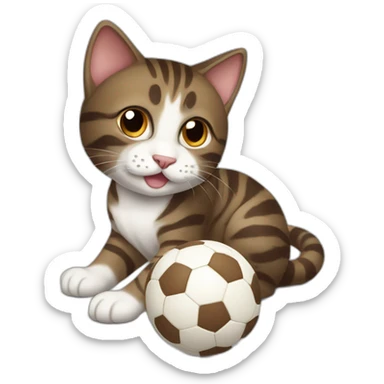 Dark brown and white Tabby Cat playing with a ball sticker