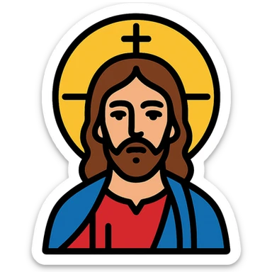 Jesus icon style with gold accents, traditional Christian iconography, solemn expression sticker